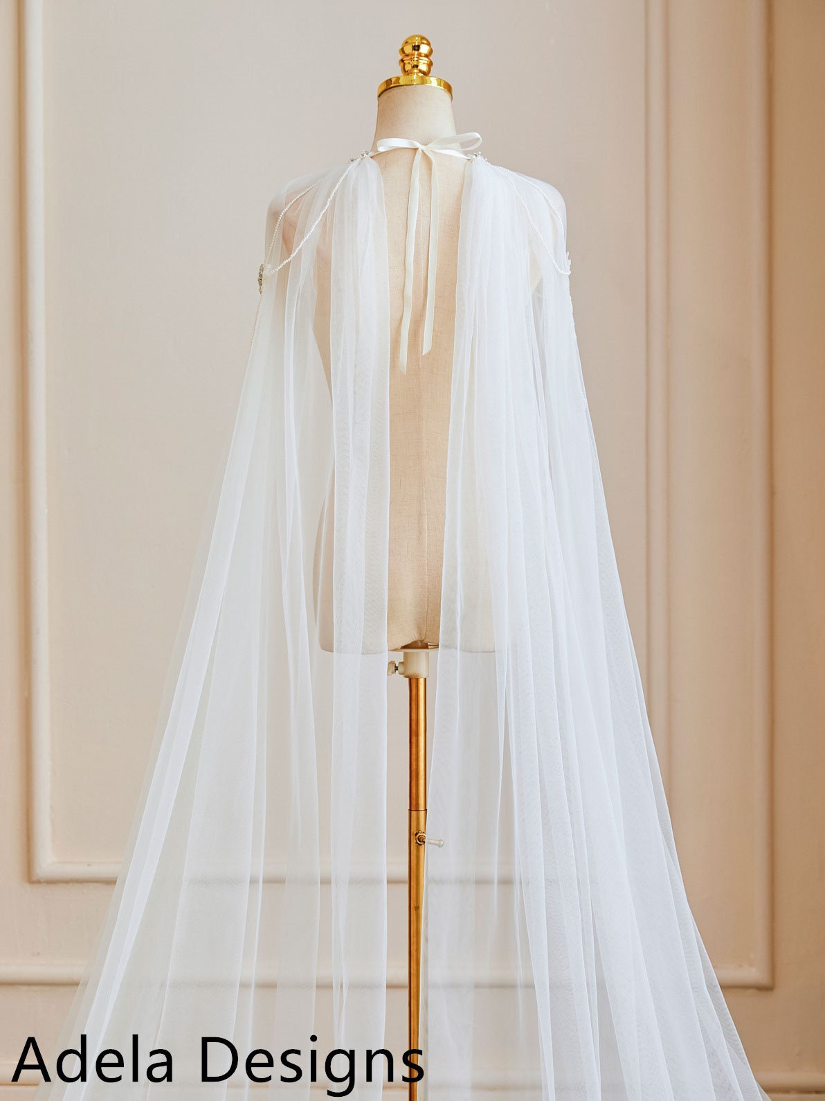 Cape Veil with Pearls Back Tie On Long Bridal Shoulder Veil In White, Ivory Long Cathedral Length