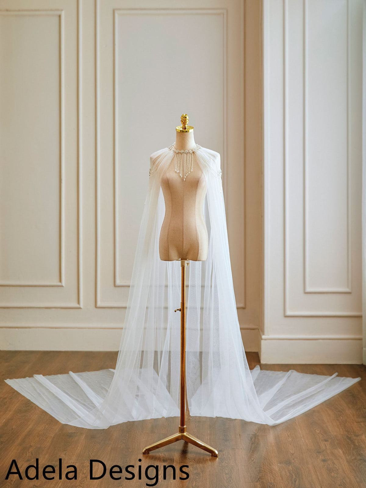 Cape Veil with Pearls Back Tie On Long Bridal Shoulder Veil In White, Ivory Long Cathedral Length