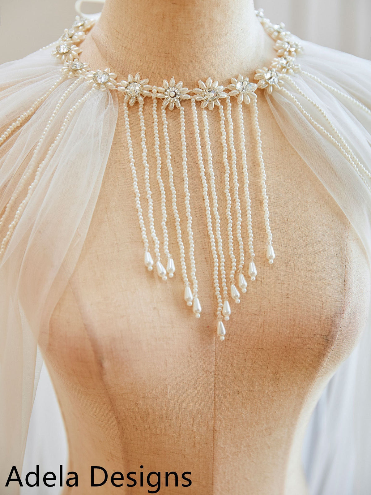 Cape Veil with Pearls Back Tie On Long Bridal Shoulder Veil In White, Ivory Long Cathedral Length