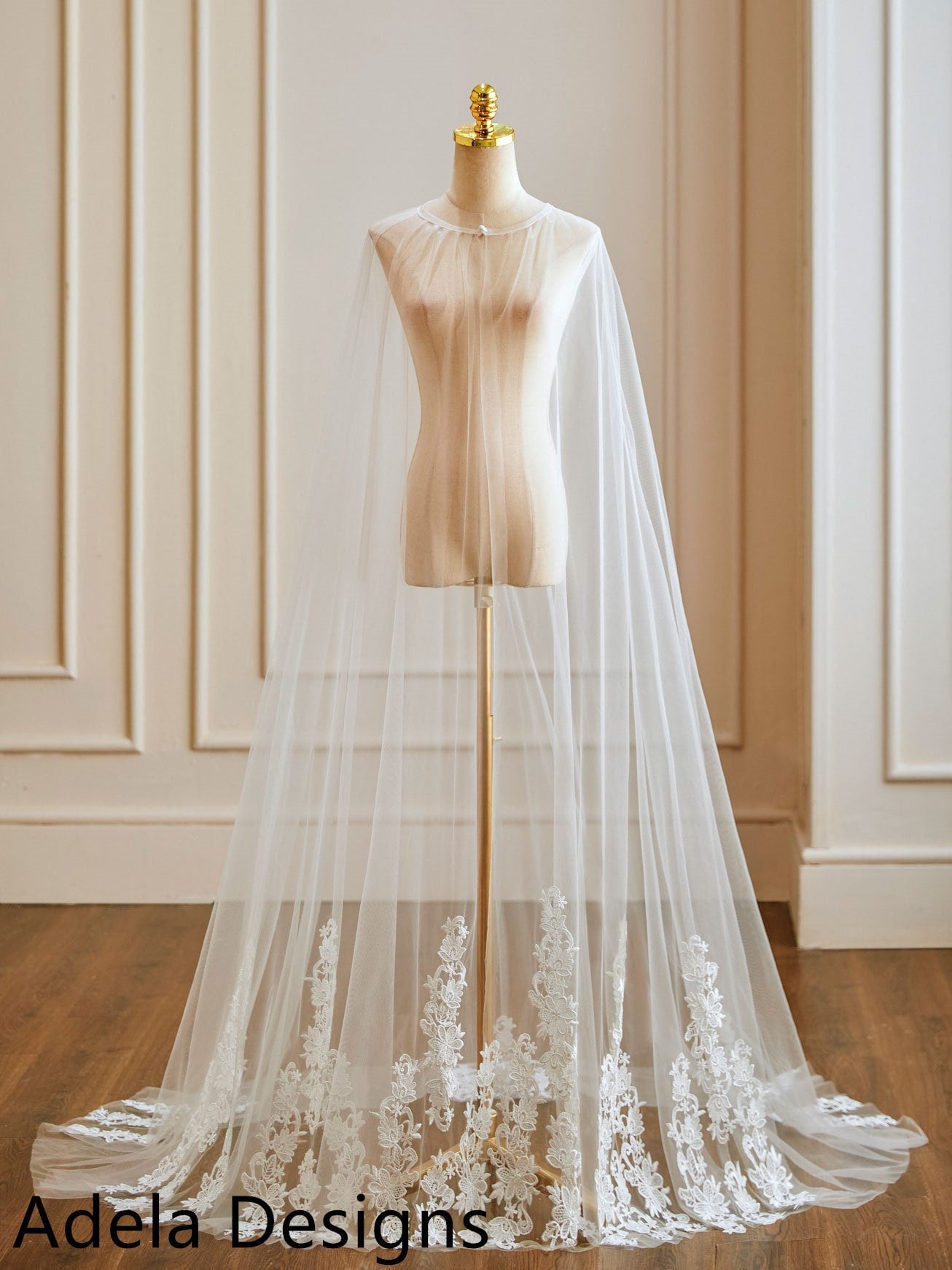 Wedding Cape Veil Delicate Lace Long Bridal Shoulder Veil In Ivory or White Lace Bottom and Edge Cape Veil