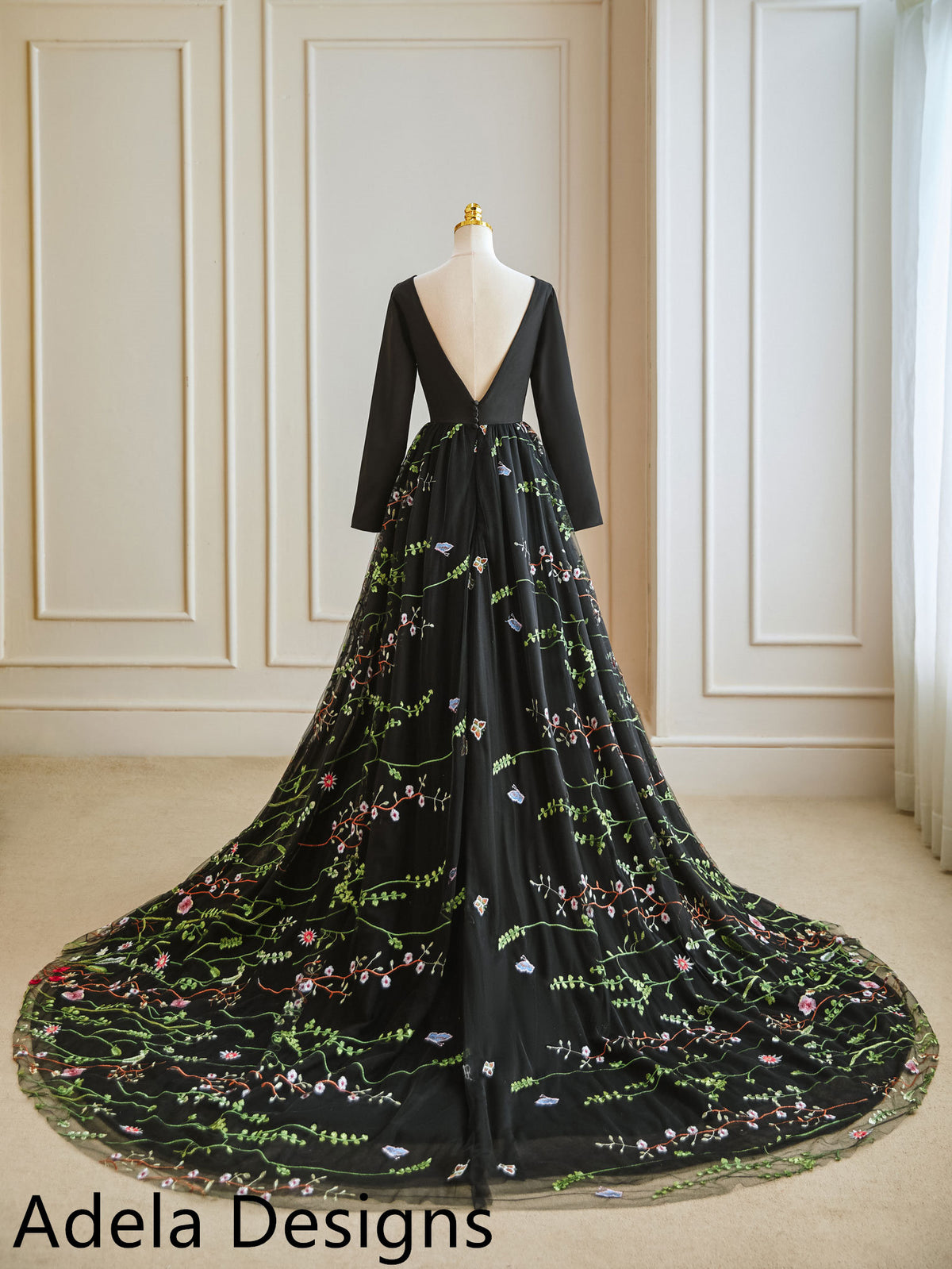 Gothic Black Bridal Gown Wedding Dress Modest Long Sleeve High Neckline Open Back Floral Lace Pop of Color Unique Design