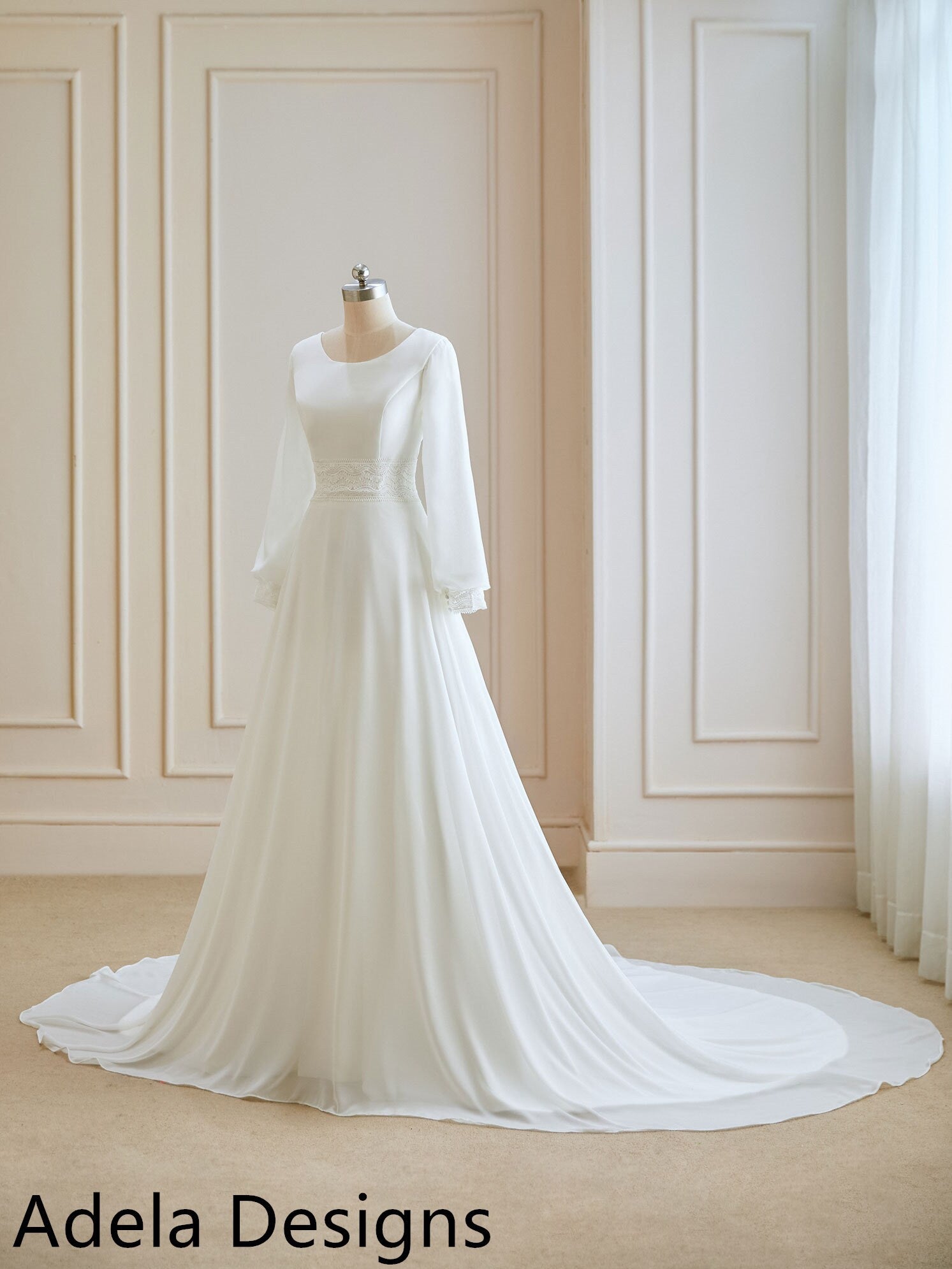 Aofie Wedding Dress Modest Long Sleeve Chiffon Gown | Adela Designs A & M Enterprises Bridal Aofie Wedding Dress Modest Long Sleeve Chiffon Gown | Adela Designs A & M Enterprises Bridal