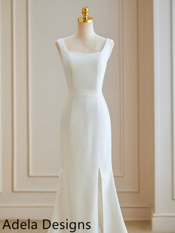 Crepe Sheath Sleeveless Simple Bridal Gown Wedding Dress Lace Back Lace Train Buttons Plus Size Square Neckline Minimalist