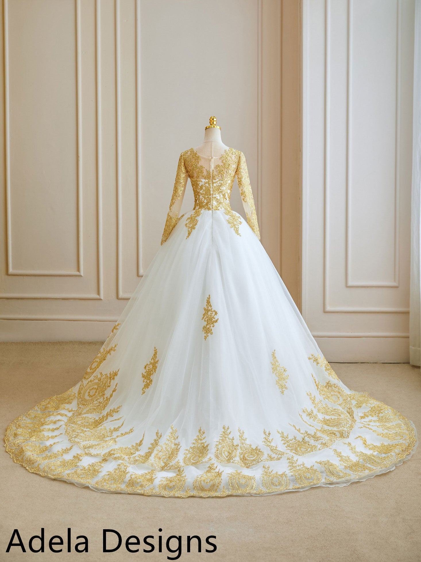 Rhea Gold Embroidered Ball Gown Wedding Dress A & M Enterprises Bridal Rhea Gold Embroidered Ball Gown Wedding Dress A & M Enterprises Bridal