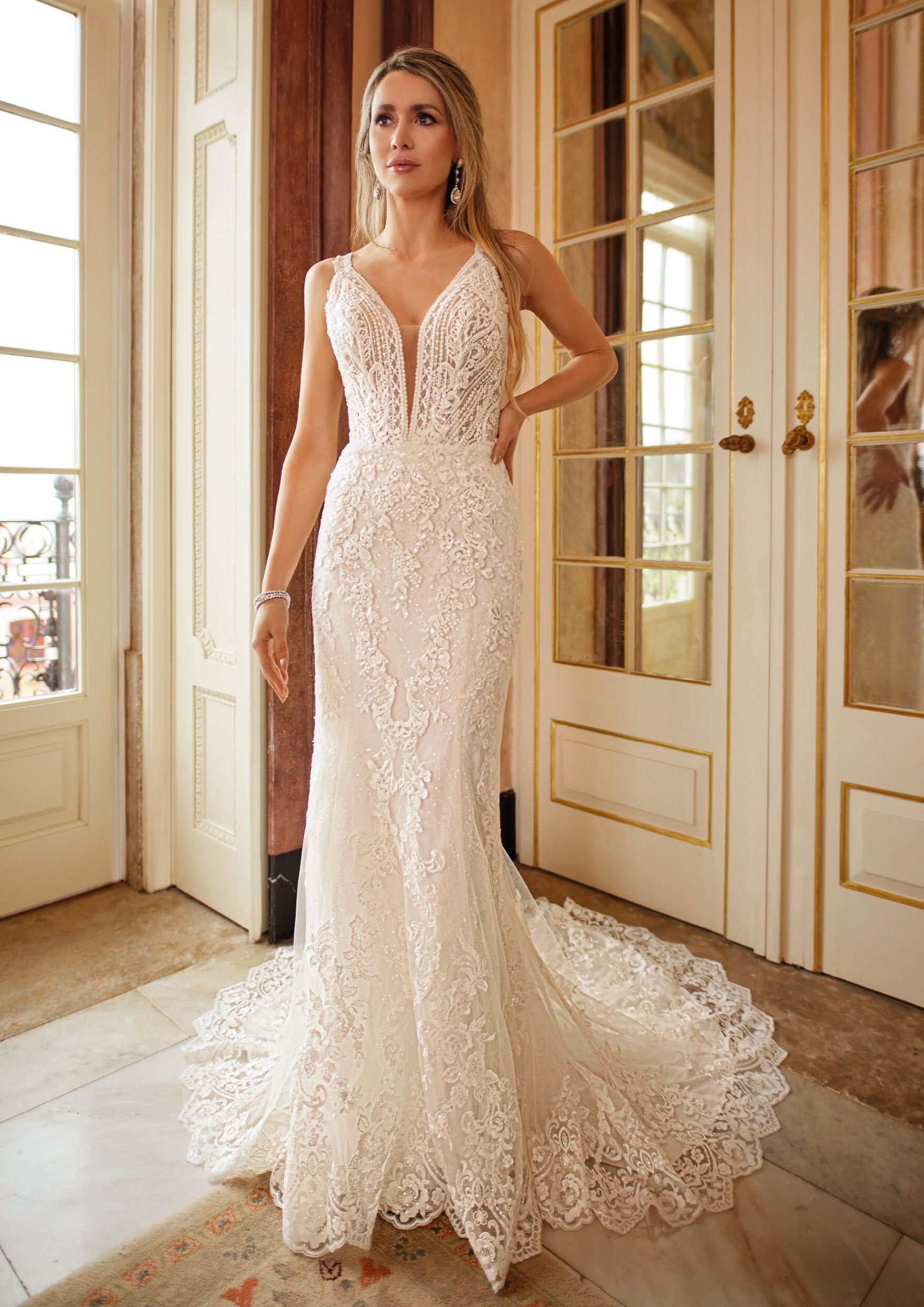 Nora Lace Fit & Flare Wedding Dress | Deep V & Long Train A & M Enterprises Bridal Nora Lace Fit & Flare Wedding Dress | Deep V & Long Train A & M Enterprises Bridal