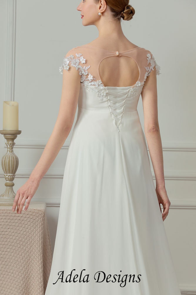 Empire Waist Regency Style Short Sleeve Wedding Dress Bridal Gown All Over  Lace Short Train Pearls Luxury Design Short Sleeve 