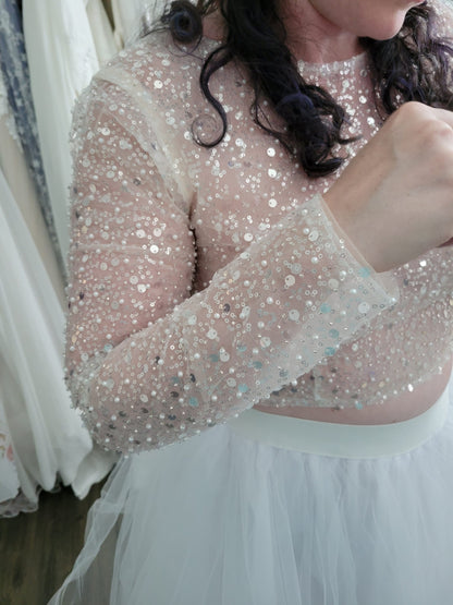 Sparkley Wedding or Bridal Top Bolero - Soft Illusion Ivory Tulle with Faux Pearl & Sequin Detail Long Sleeve Sheer