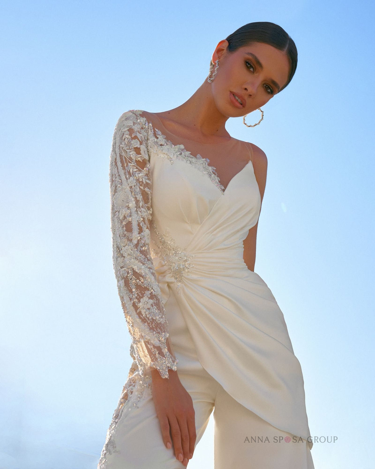 Casual Wide Leg Bridal Jumpsuit Gathered Waist Illusion Lace One Long Sleeve Sleeveless Unique Design Open Back