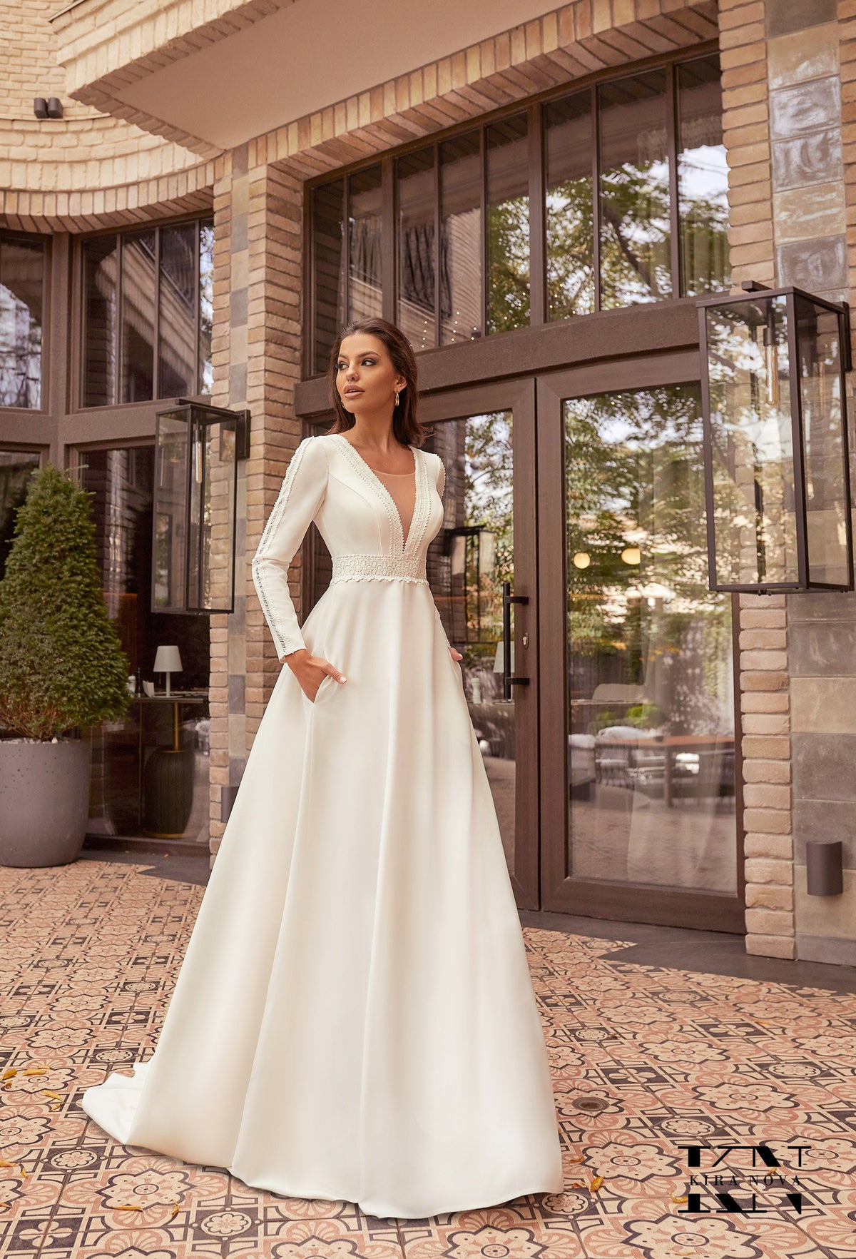 Minimalist Long Sleeve Deep V Neckline Modest Lace Accents Wedding Dress Bridal Gown with Pockets Aline Short Train