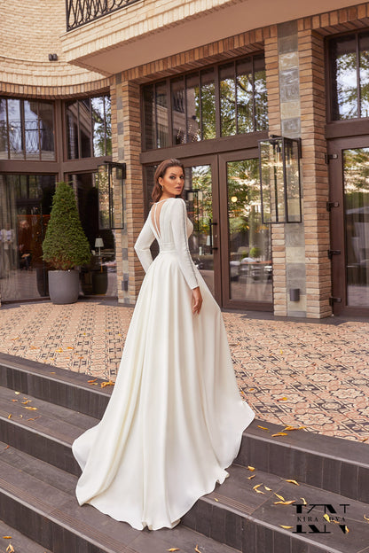 Minimalist Long Sleeve Deep V Neckline Modest Lace Accents Wedding Dress Bridal Gown with Pockets Aline Short Train