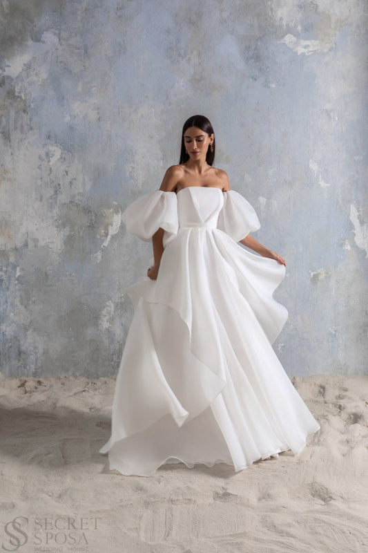 Sleeveless Strapless Detachable Puff Balloon Sleeves Straight Neckline Wedding Dress Bridal Gown ALine Off White Organza