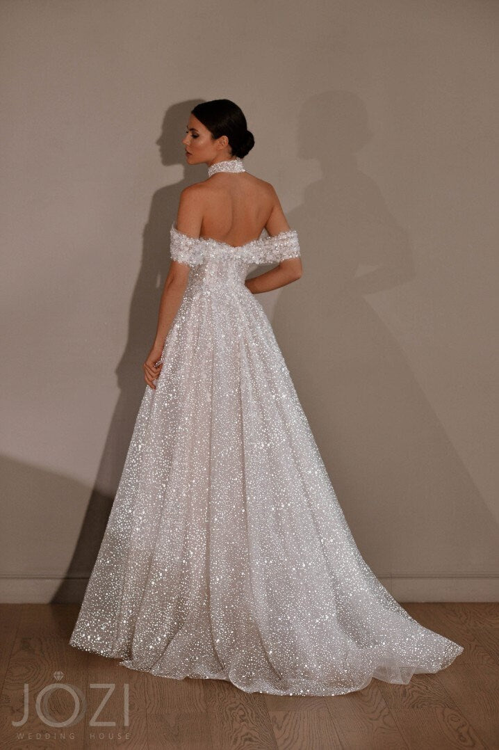Off The Shoulder Plunging V Neckline Open Back Aline Glitter Sparkle Wedding Dress Bridal Gown Light Catching Unique Design Sexy with Train