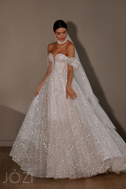 Off The Shoulder Plunging V Neckline Open Back Aline Glitter Sparkle Wedding Dress Bridal Gown Light Catching Unique Design Sexy with Train