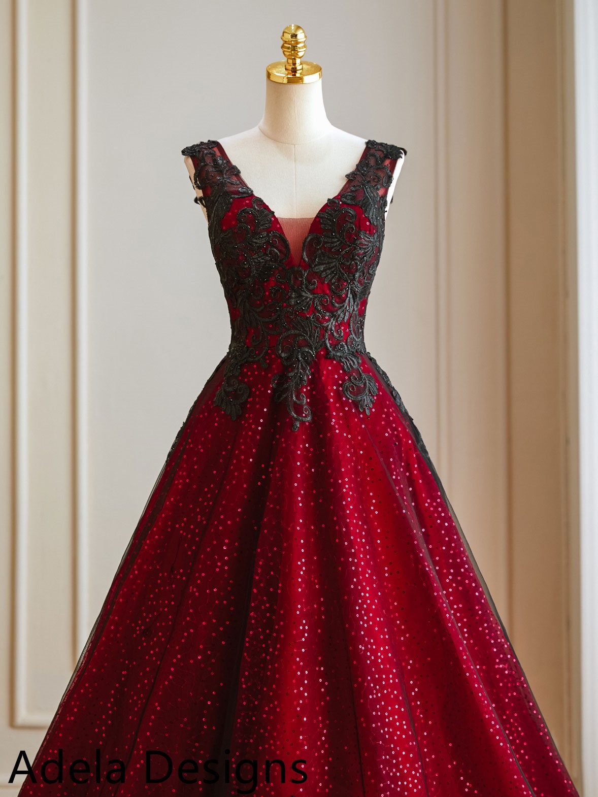 Black And Red ALine Gown Gothic Wedding Dress Bridal V Neckline Lace Bare Shoulders Open Back Unique Design Sparkle Dress Corset Back