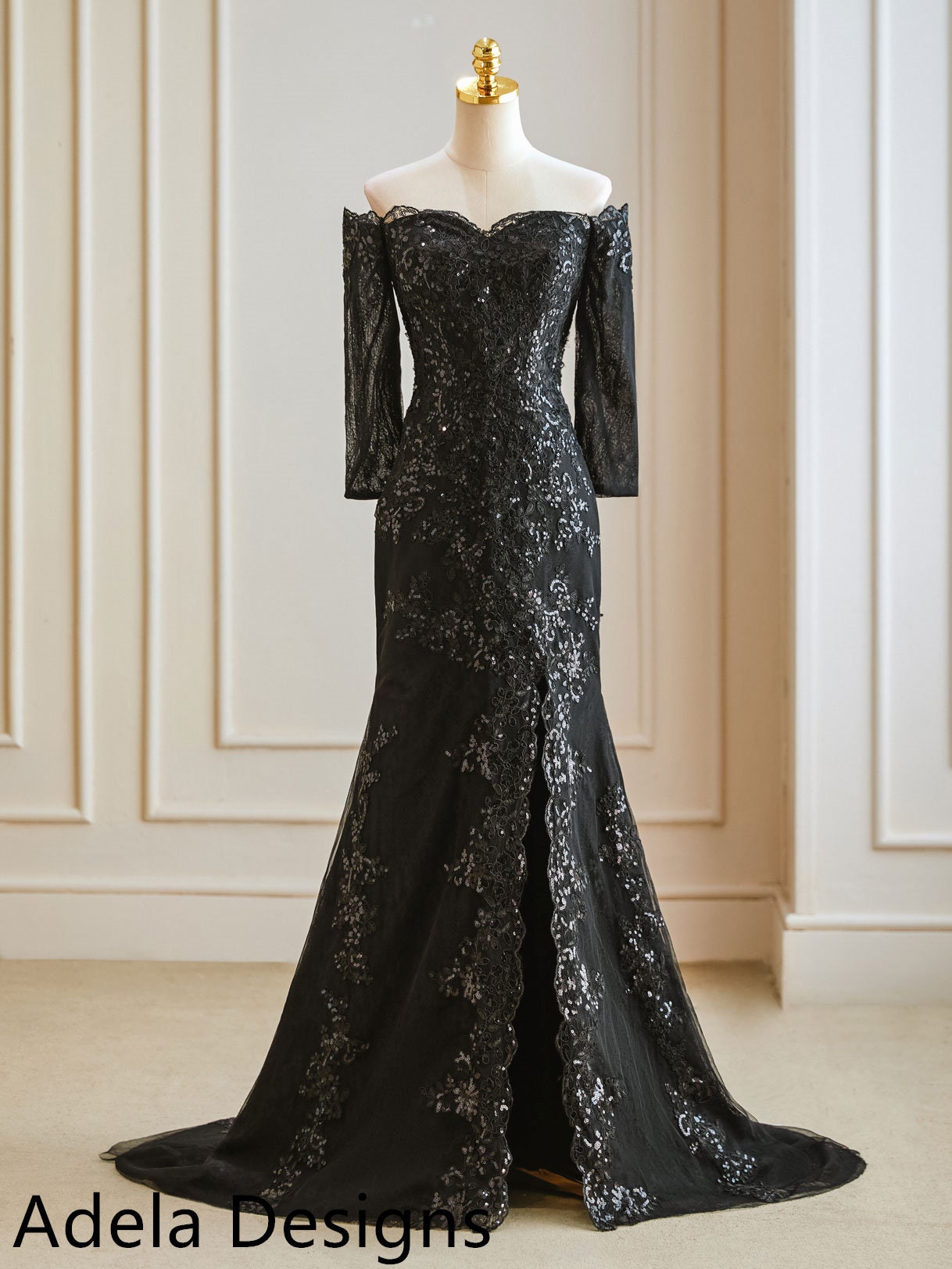 Ferne Black Off-the-Shoulder Lace Wedding Dress with Tulle Overskirt A & M Enterprises Bridal Ferne Black Off-the-Shoulder Lace Wedding Dress with Tulle Overskirt A & M Enterprises Bridal