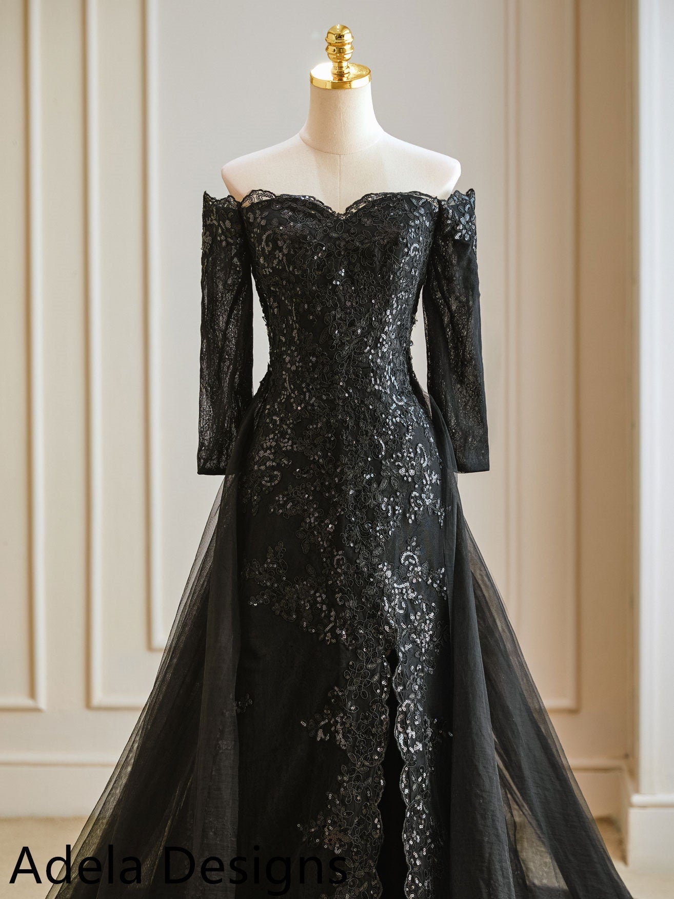 Ferne – Black Off-the-Shoulder Lace Wedding Dress with Tulle Overskirt – A & M Enterprises Bridal Ferne – Black Off-the-Shoulder Lace Wedding Dress with Tulle Overskirt – A & M Enterprises Bridal
