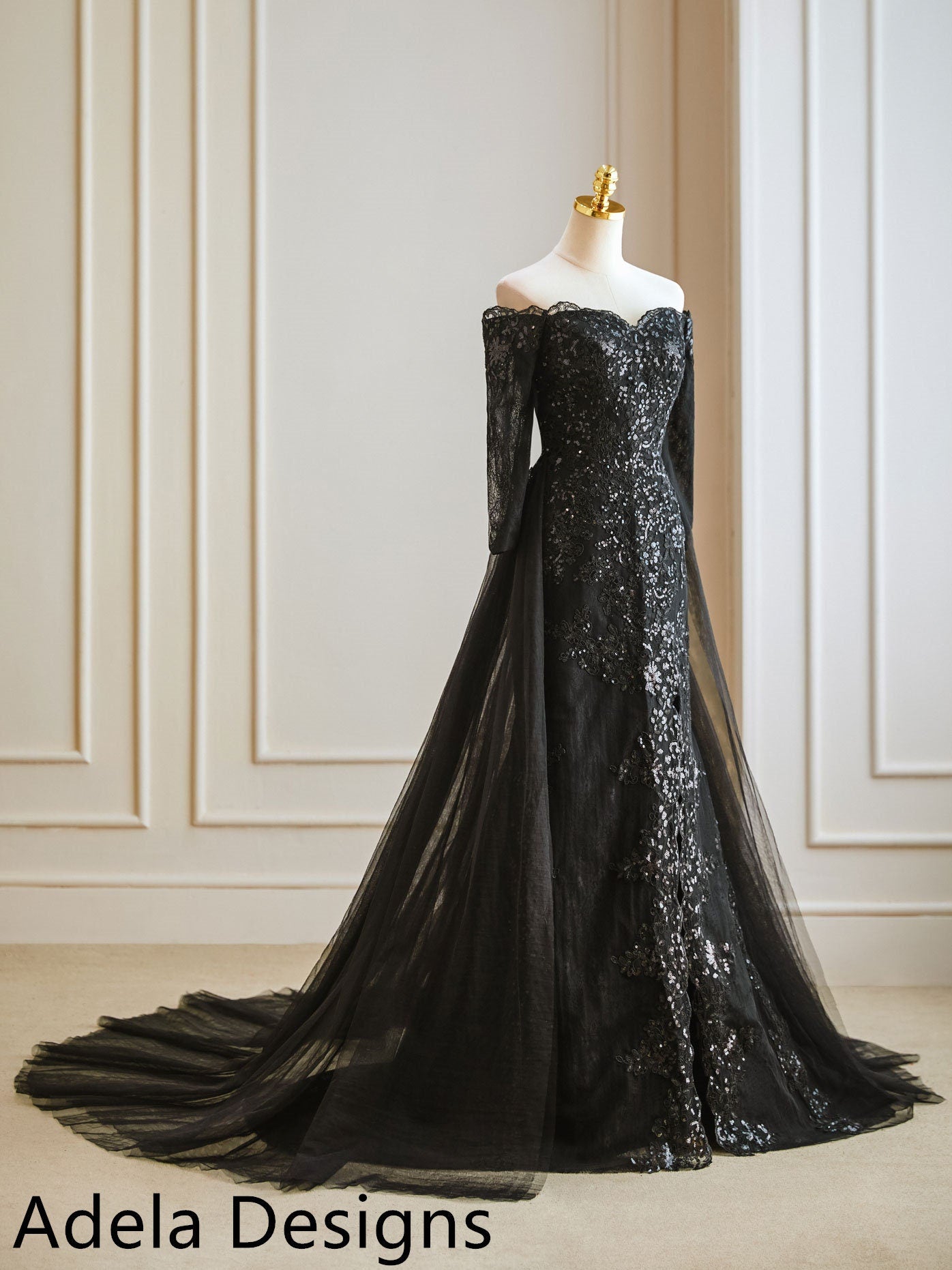 Ferne Black Off-the-Shoulder Lace Wedding Dress with Tulle Overskirt A & M Enterprises Bridal Ferne Black Off-the-Shoulder Lace Wedding Dress with Tulle Overskirt A & M Enterprises Bridal