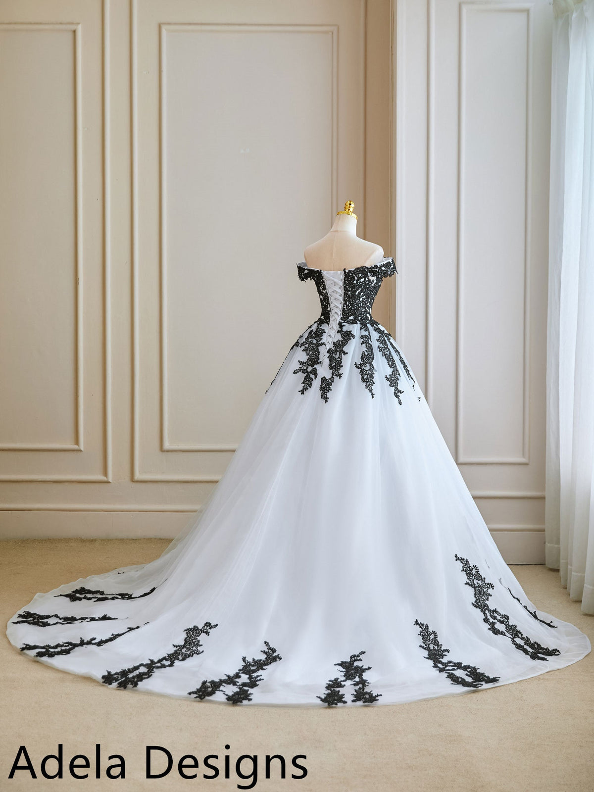 Untraditional Black and White Ball Gown Gothic Wedding Dress Bridal Off The Shoulder Short Sleeves Lace with Train