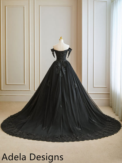 Gothic Black Ball Bridal Gown Wedding Dress Off The Shoulder Ball Gown Lace Train Unique Design Goth Bride