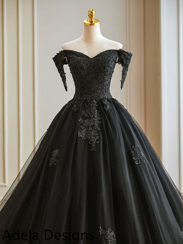 Gothic Black Ball Bridal Gown Wedding Dress Off The Shoulder Ball Gown Lace Train Unique Design Goth Bride
