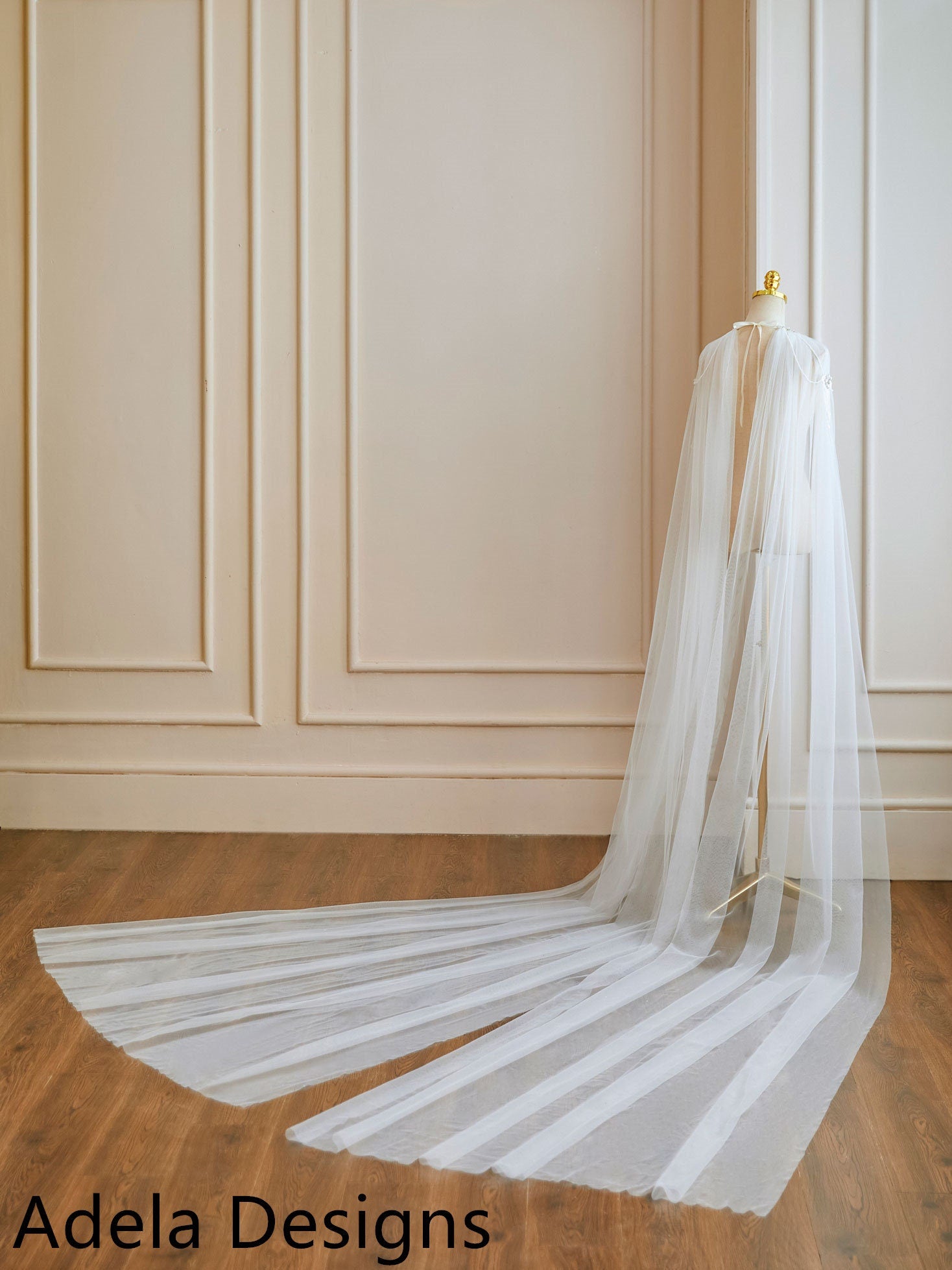 Cape Veil with Pearls Back Tie On Long Bridal Shoulder Veil In White, Ivory Long Cathedral Length