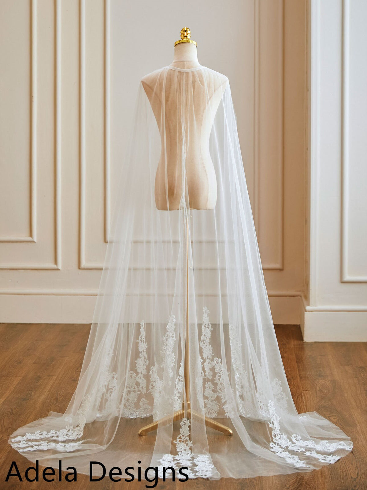 Wedding Cape Veil Delicate Lace Long Bridal Shoulder Veil In Ivory or White Lace Bottom and Edge Cape Veil