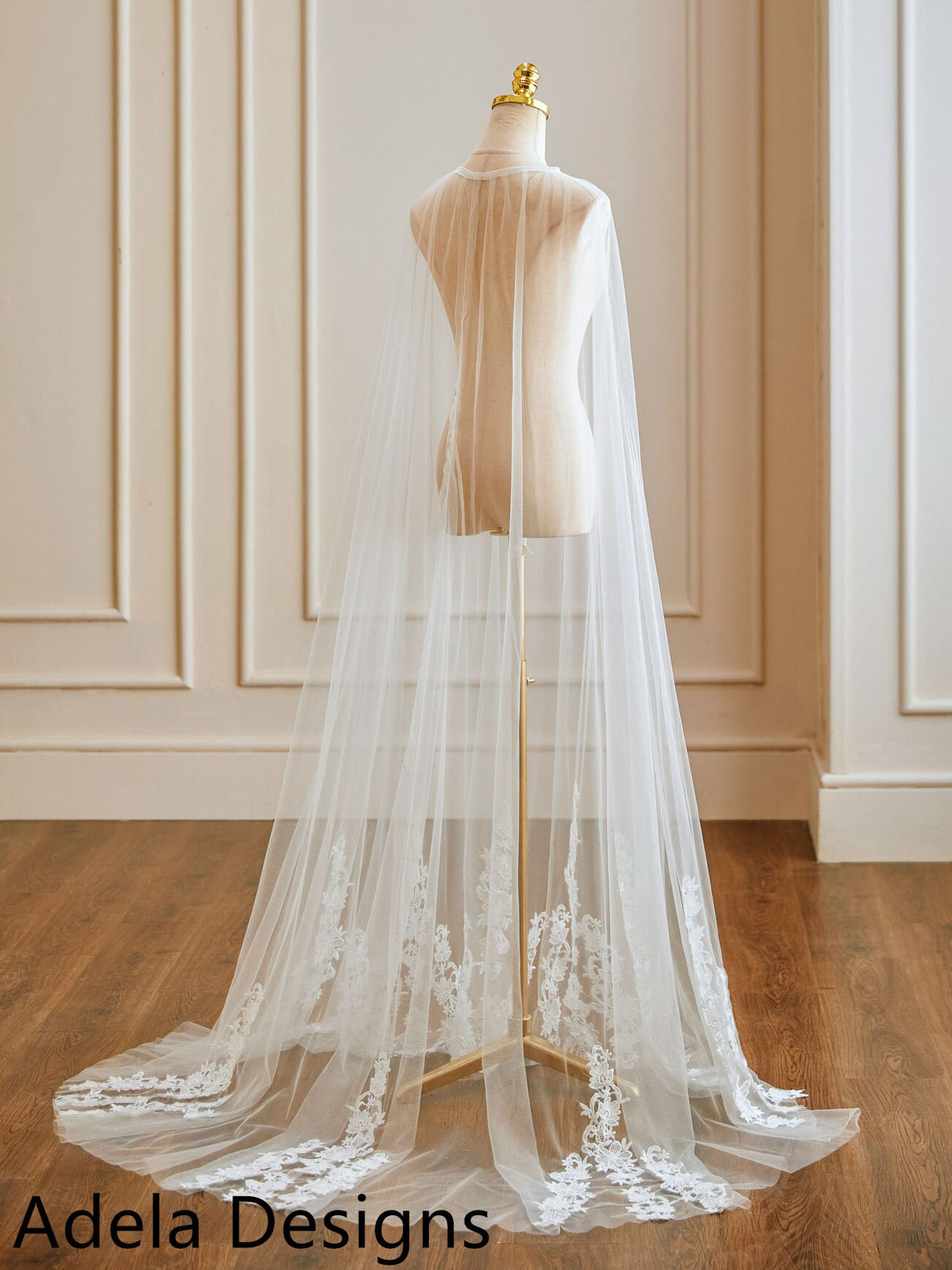 Wedding Cape Veil Delicate Lace Long Bridal Shoulder Veil In Ivory or White Lace Bottom and Edge Cape Veil