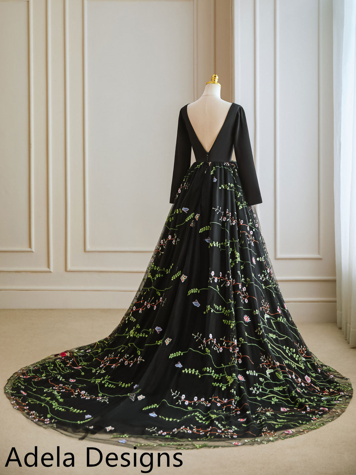 Gothic Black Bridal Gown Wedding Dress Modest Long Sleeve High Neckline Open Back Floral Lace Pop of Color Unique Design