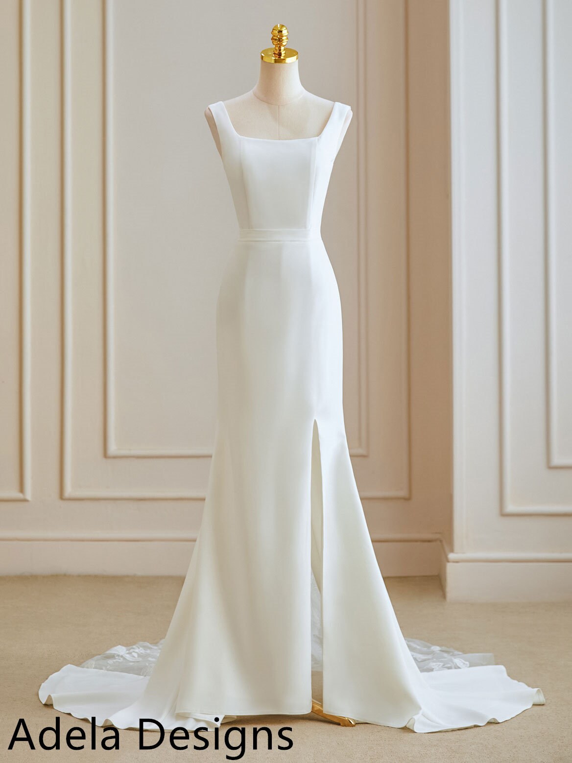 Crepe Sheath Sleeveless Simple Bridal Gown Wedding Dress Lace Back Lace Train Buttons Plus Size Square Neckline Minimalist