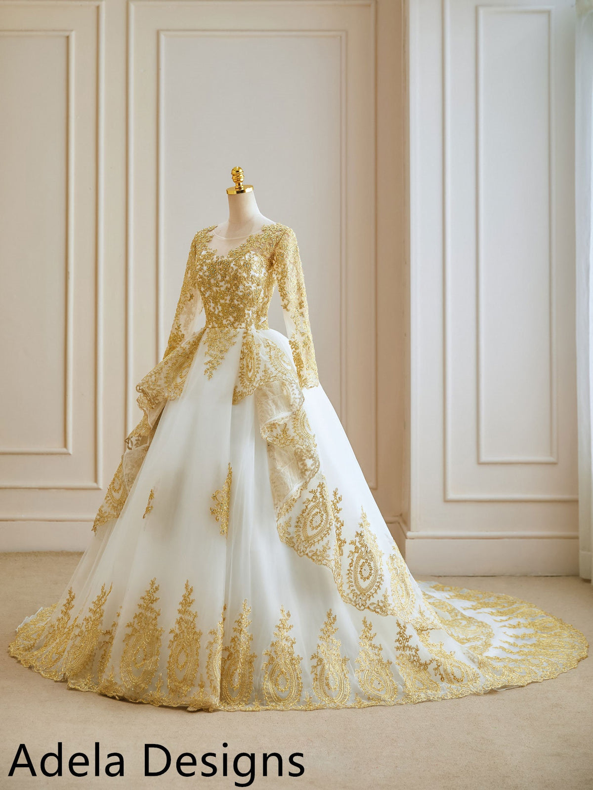Untraditional Gold and White Ball Gown Royal Wedding Dress Bridal Illusion V Neck Long Sleeves Lace with Train Unique Design
