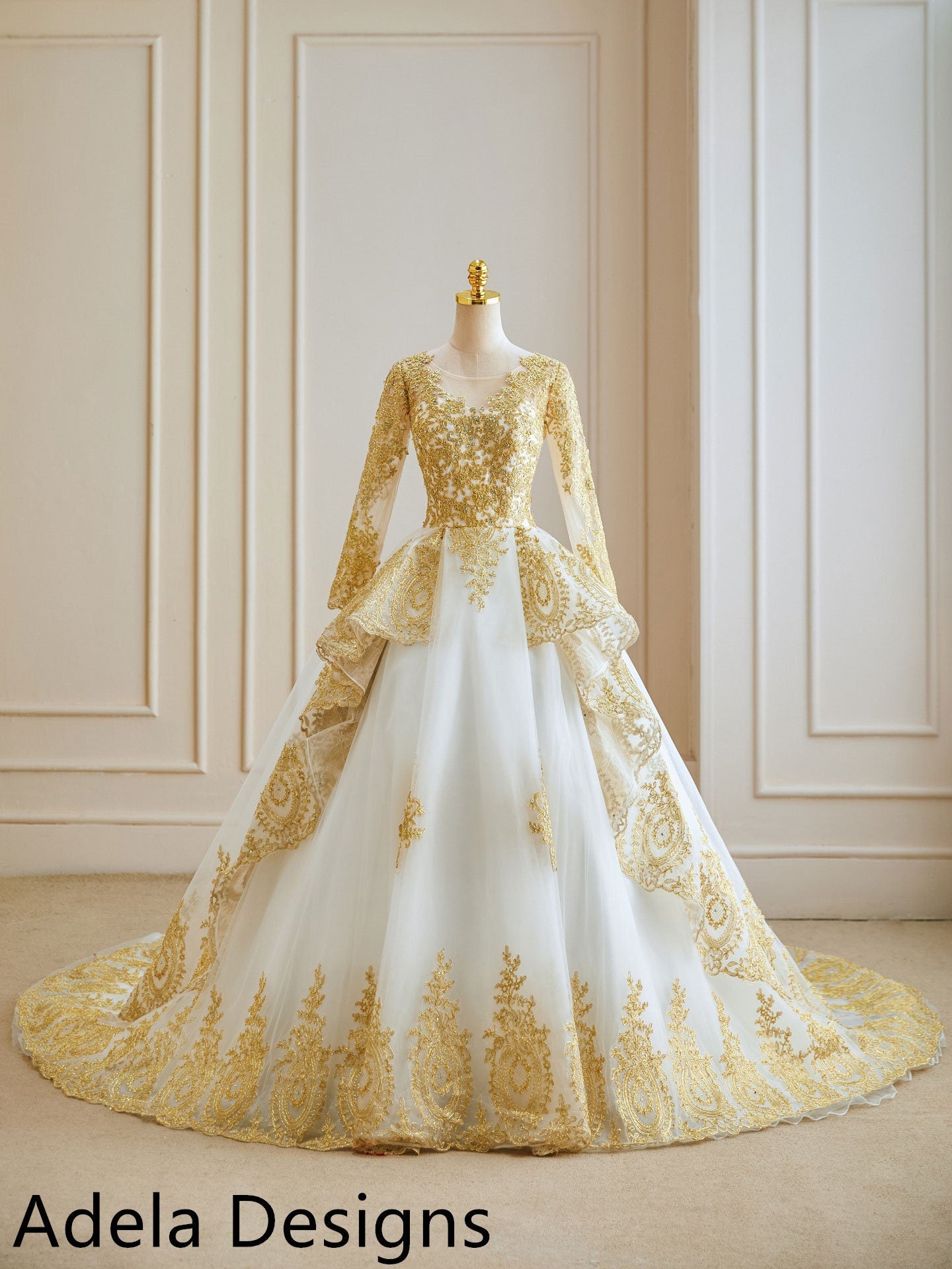 Rhea Gold Embroidered Ball Gown Wedding Dress A & M Enterprises Bridal Rhea Gold Embroidered Ball Gown Wedding Dress A & M Enterprises Bridal