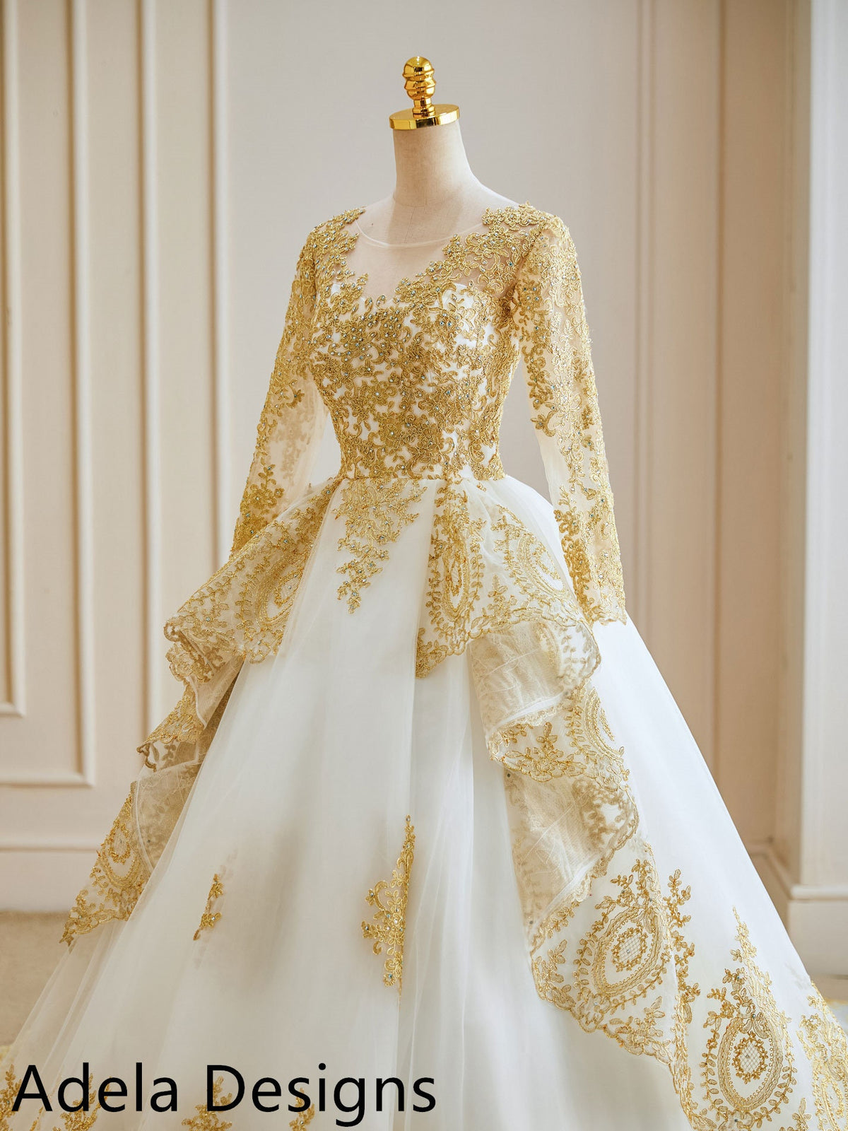 Untraditional Gold and White Ball Gown Royal Wedding Dress Bridal Illusion V Neck Long Sleeves Lace with Train Unique Design