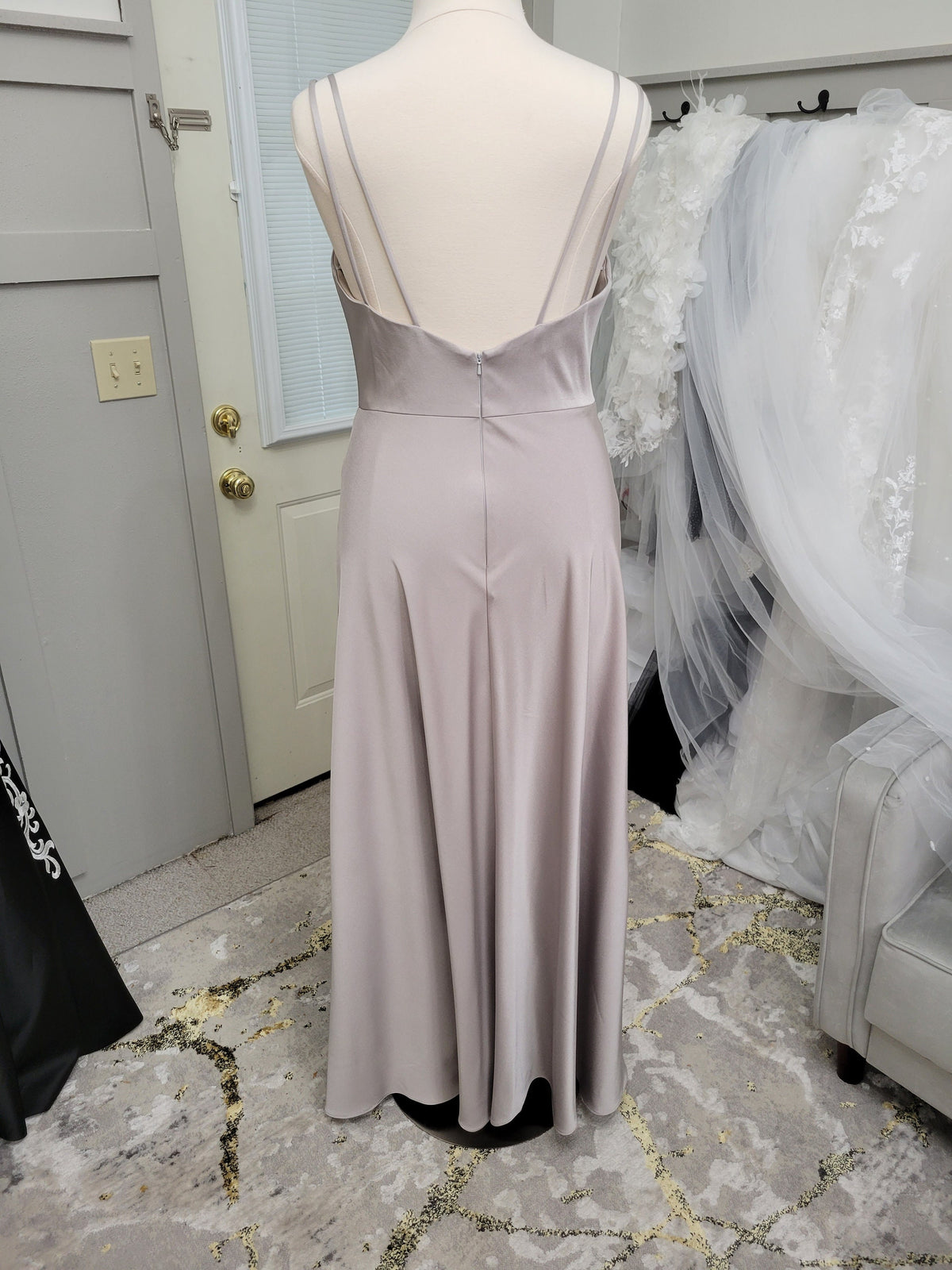 Simple Silver Gray Grey Sleeveless With Straps High Neckline Comfy Aline Formal Gown Slip Style Open Back Bridal Party Wedding Guest Floor