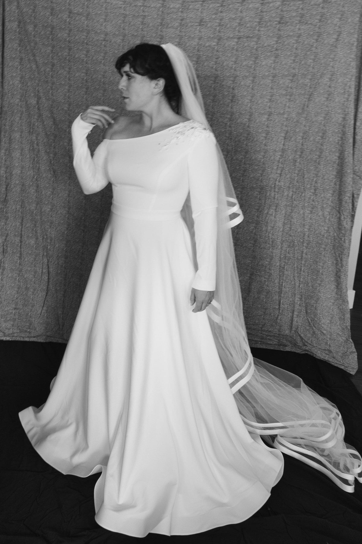 Simple Unique Modest Off The Shoulder Long Sleeve Asymmetrical Neckline Closed Back Wedding Dress Bridal Gown Zipper Back Minimalist