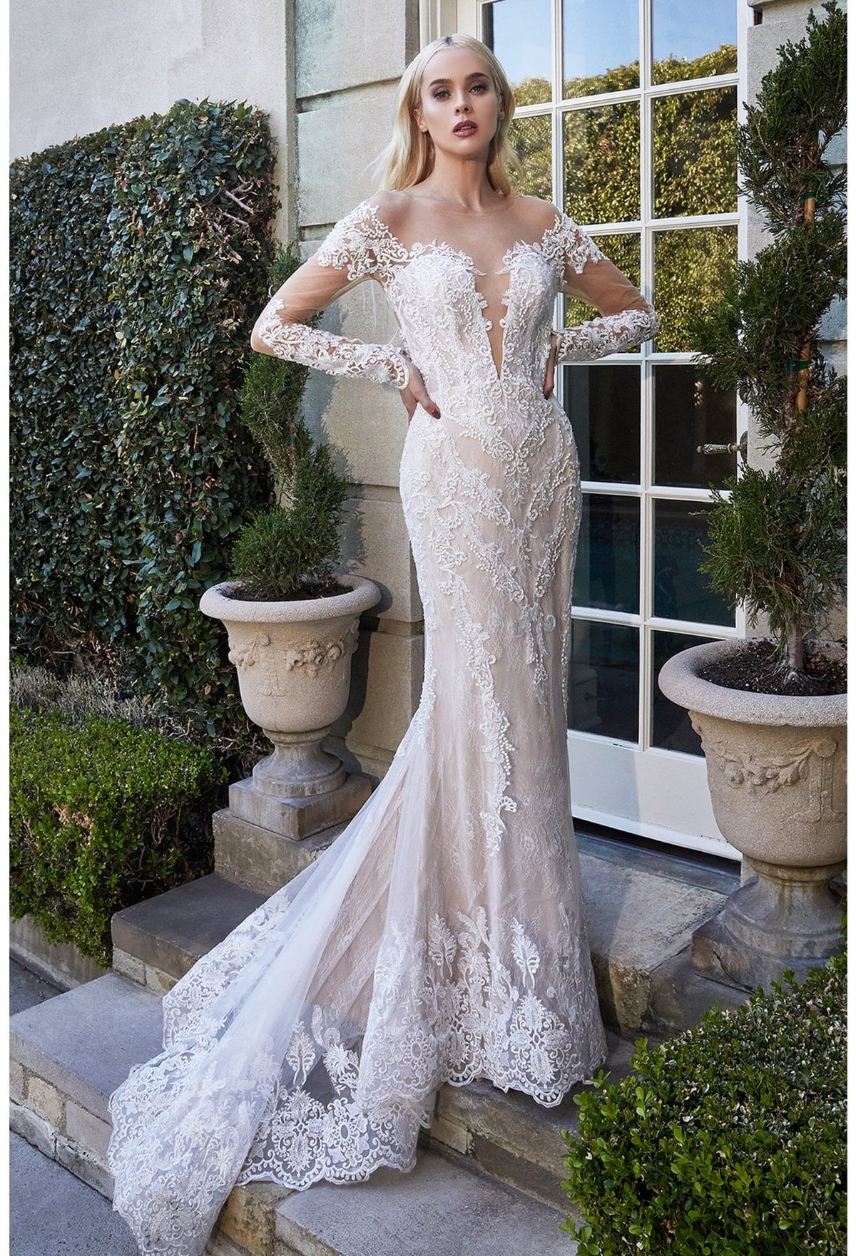 Gorgeous Lace Mermaid Fitted Fit and Flare Wedding Dress Bridal Gown Long Sleeve Deep V Neckline Illusion lace Open Back Scalloped Hem