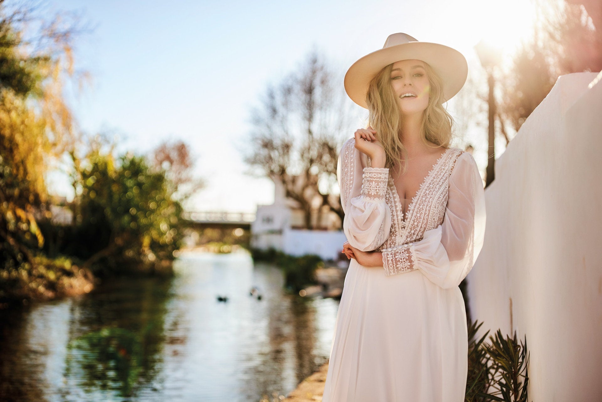 Boho Vintage Inspired Aline Ivory Long Bishop Sleeves V Neckline Wedding Dress Bridal Gown Open V Back Country Style Chiffon Skirt