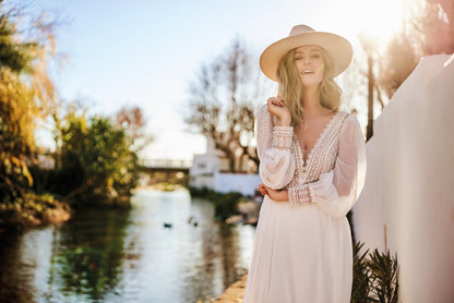 Boho Vintage Inspired Aline Ivory Long Bishop Sleeves V Neckline Wedding Dress Bridal Gown Open V Back Country Style Chiffon Skirt