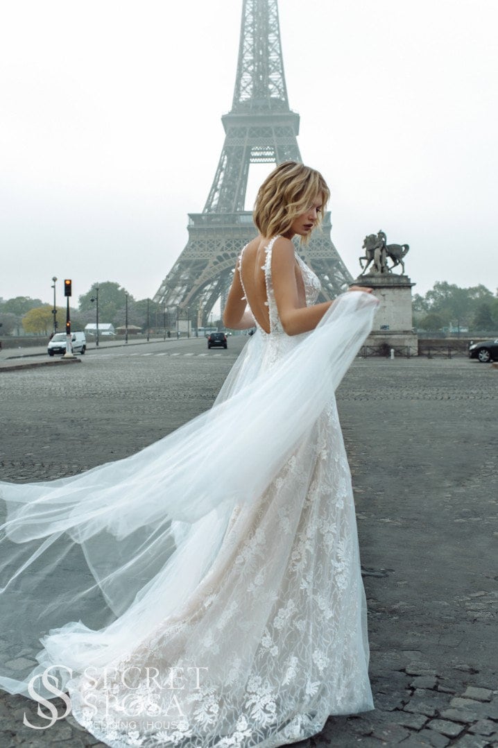 Sleeveless Deep V Neckline Open Back Aline Floral Lace Wedding Dress Bridal Gown Train Flowy Unique Design Romantic Vibes