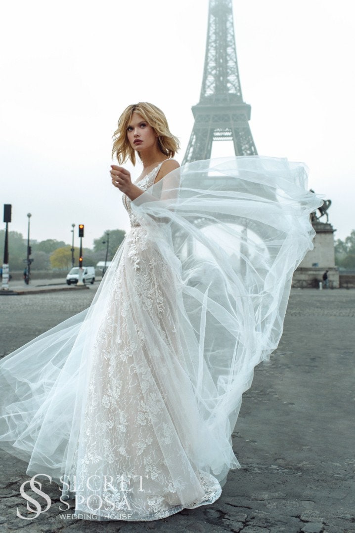 Sleeveless Deep V Neckline Open Back Aline Floral Lace Wedding Dress Bridal Gown Train Flowy Unique Design Romantic Vibes