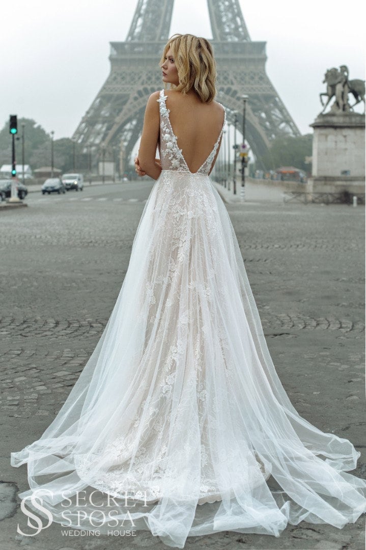 Sleeveless Deep V Neckline Open Back Aline Floral Lace Wedding Dress Bridal Gown Train Flowy Unique Design Romantic Vibes