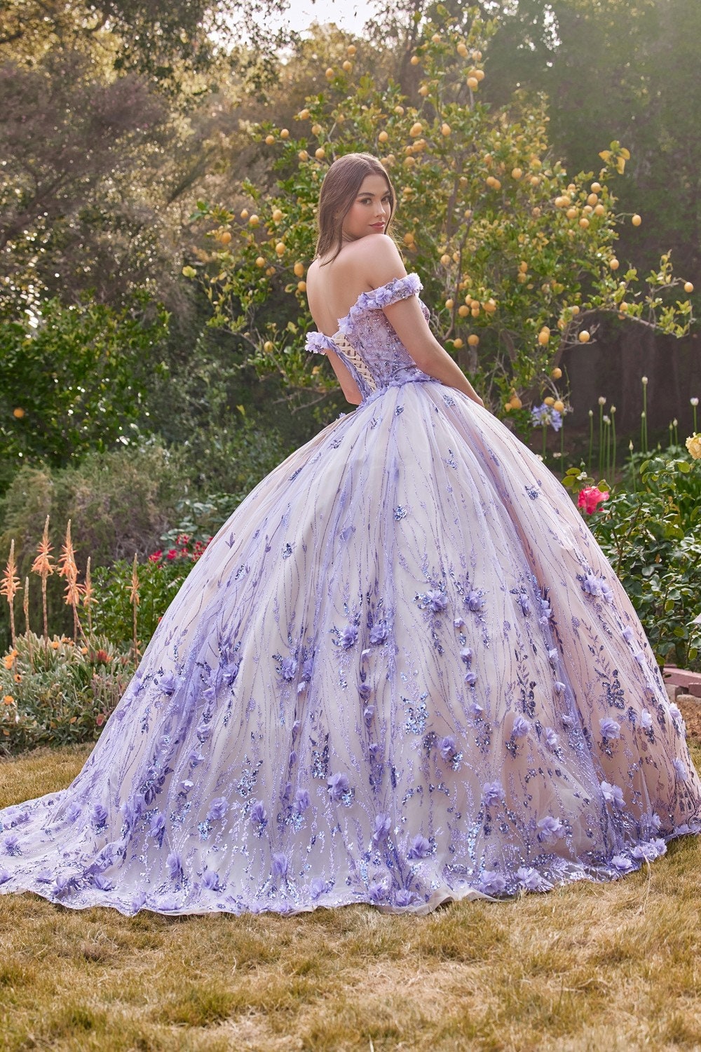 Gorgeous Floral Lace Ball Gown Off The Shoulder Wedding Dress Goth Bride Quince 3D Flowers Black Lavender Sparkle Dress Back Short Train