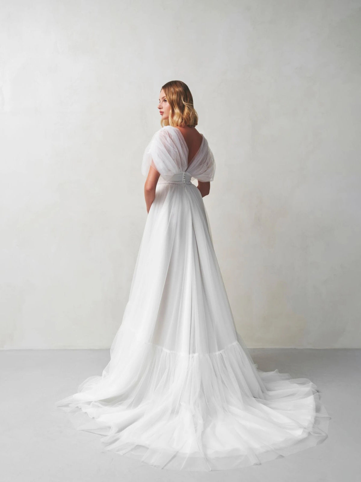 Modern Princess Wedding Dress Bridal Gown Aline V Neckline Pleated Top Short Sleeve Unique Design with Train Flattering Open Back Minimalist