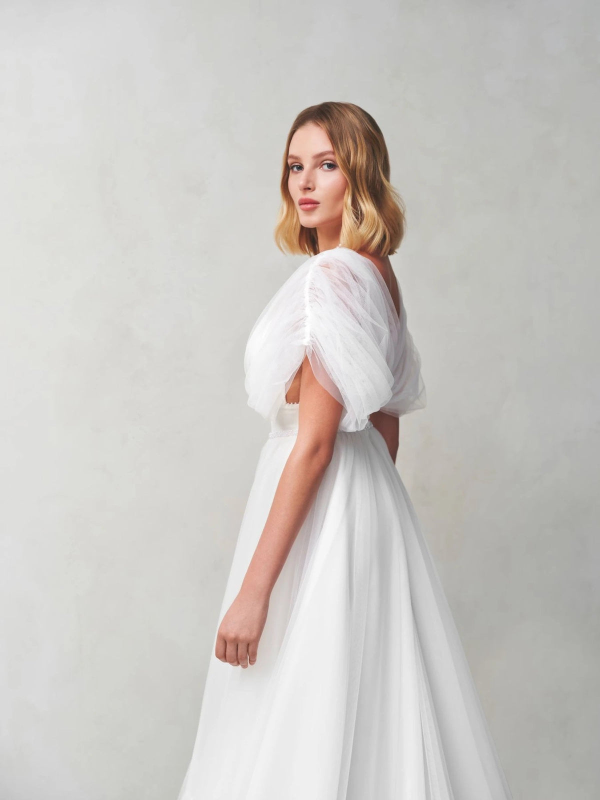 Modern Princess Wedding Dress Bridal Gown Aline V Neckline Pleated Top Short Sleeve Unique Design with Train Flattering Open Back Minimalist
