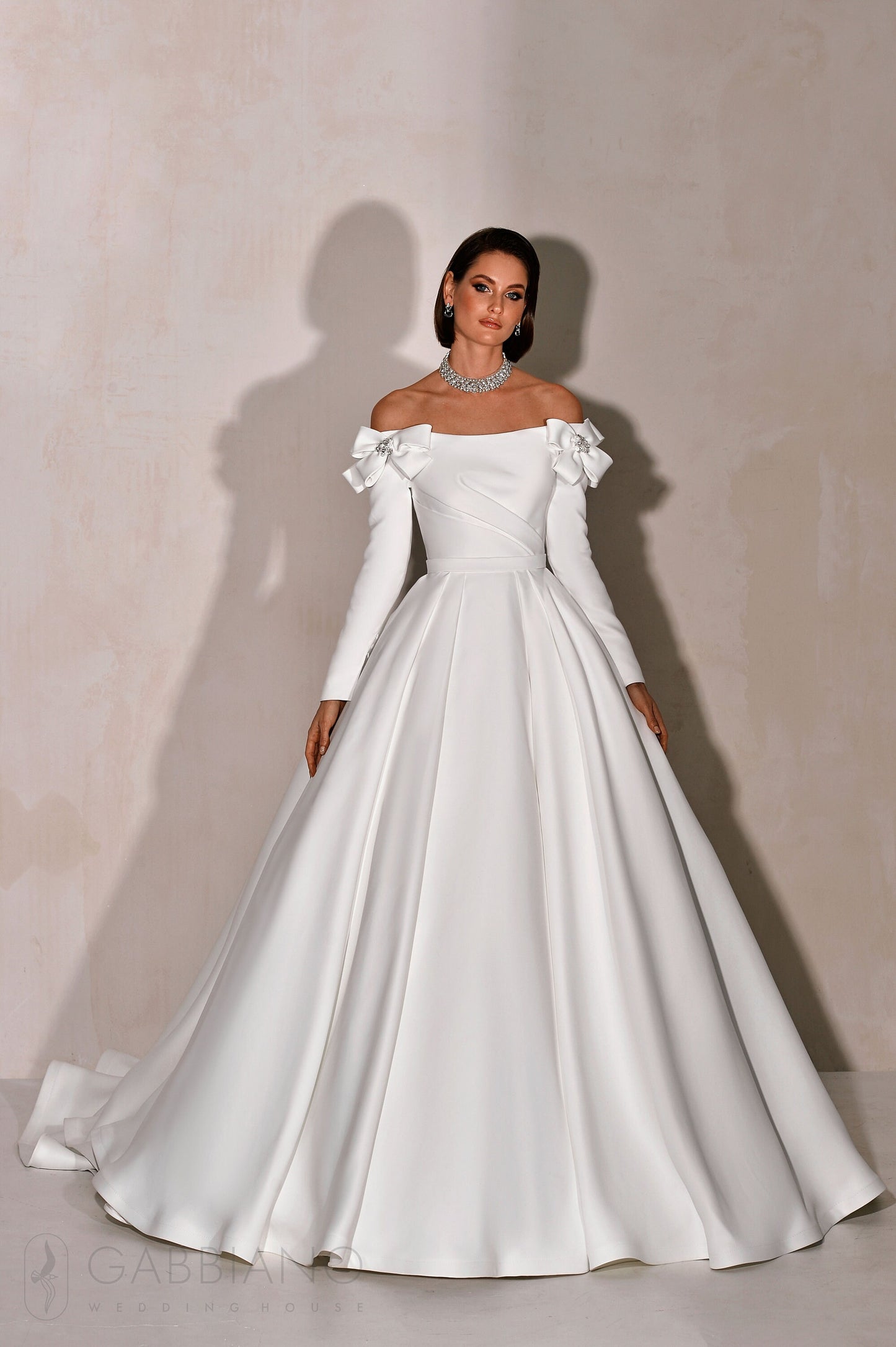 Unique Design Off The Shoulder Simple Classic Minimalist Satin Long Sleeve Full Aline Wedding Dress Bridal Gown Bows and Train