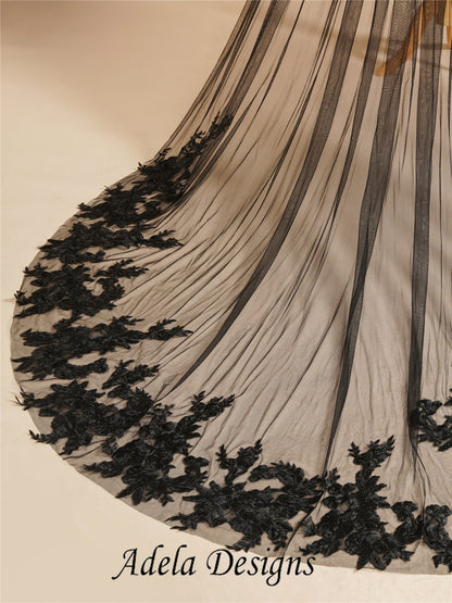 Bridal Veils Lace Edge Tulle Wedding Veil Gothic Black 10 Feet Long Cathedral Length Sequin Appliques with Comb