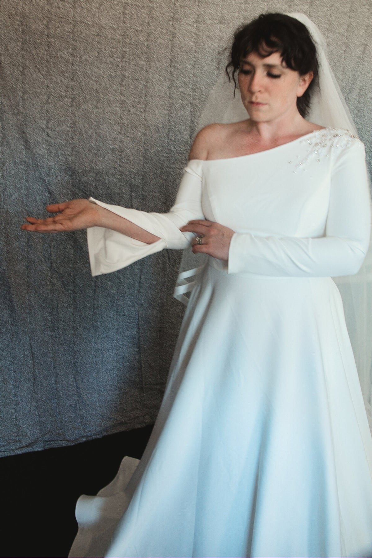 Simple Unique Modest Off The Shoulder Long Sleeve Asymmetrical Neckline Closed Back Wedding Dress Bridal Gown Zipper Back Minimalist