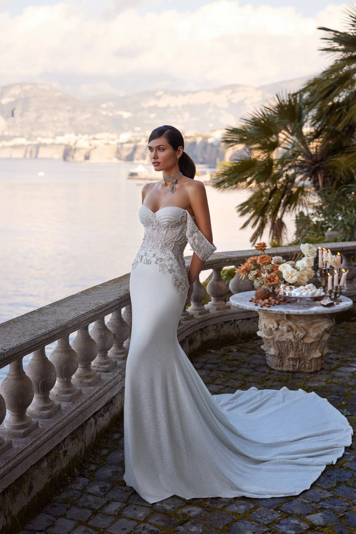 Luxury Unique Mermaid Silhouette Translucent Corset Sparkle Glitter Wedding Dress Bridal Gown Sweetheart Neckline Train Off The Shoulder