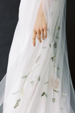 Bridal Veils Embroidered Vines Sage Emerald Peach Blooms Wedding Veil Cathedral Length Floral Design