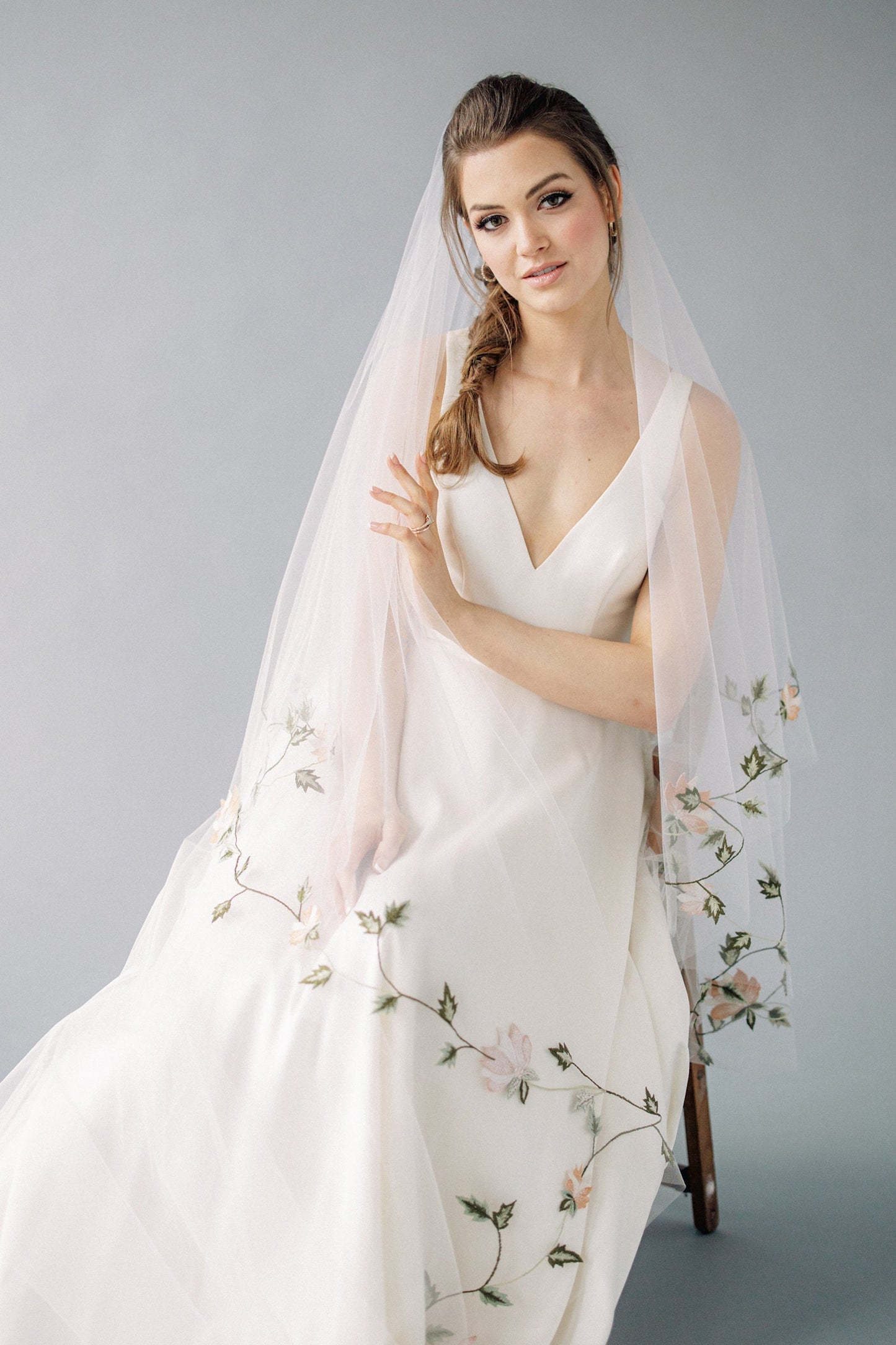 Bridal Veils Embroidered Vines Sage Emerald Peach Blooms Wedding Veil Cathedral Length Floral Design Blusher