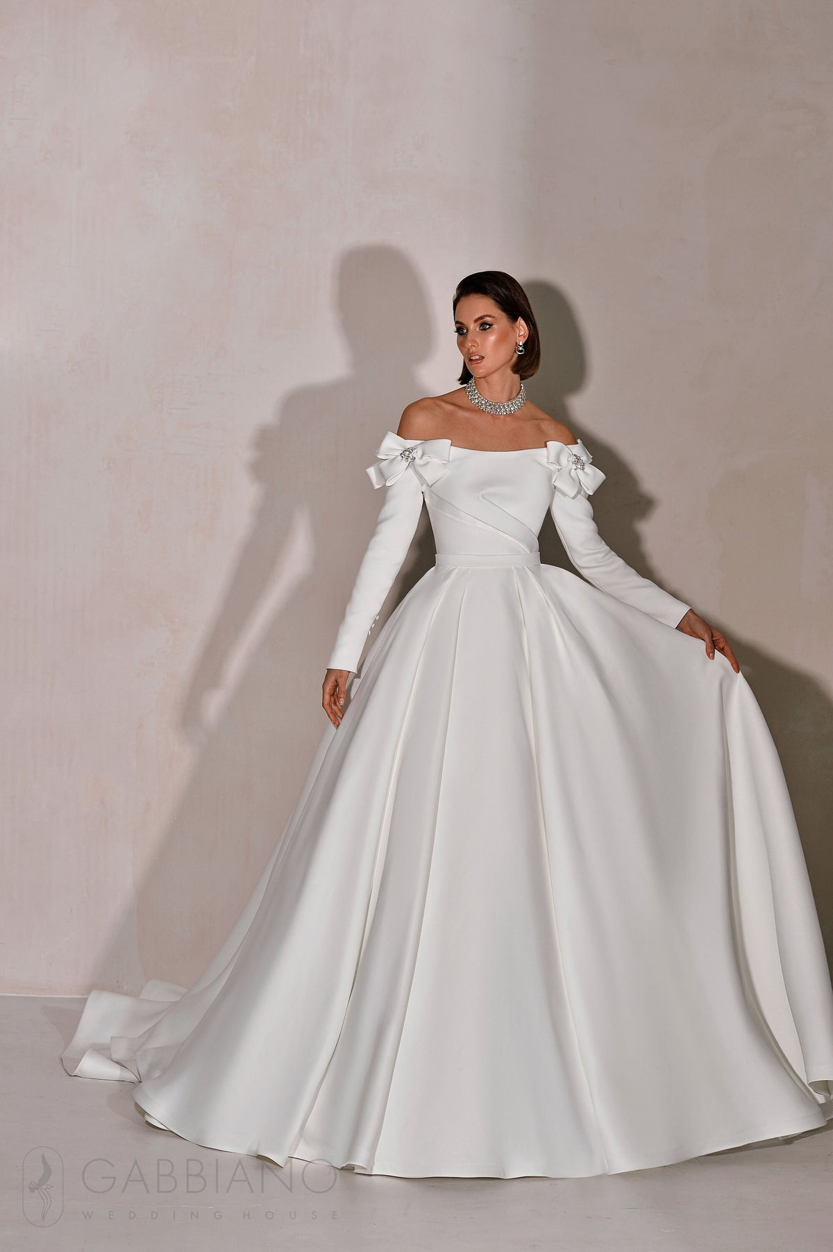 Unique Design Off The Shoulder Simple Classic Minimalist Satin Long Sleeve Full Aline Wedding Dress Bridal Gown Bows and Train